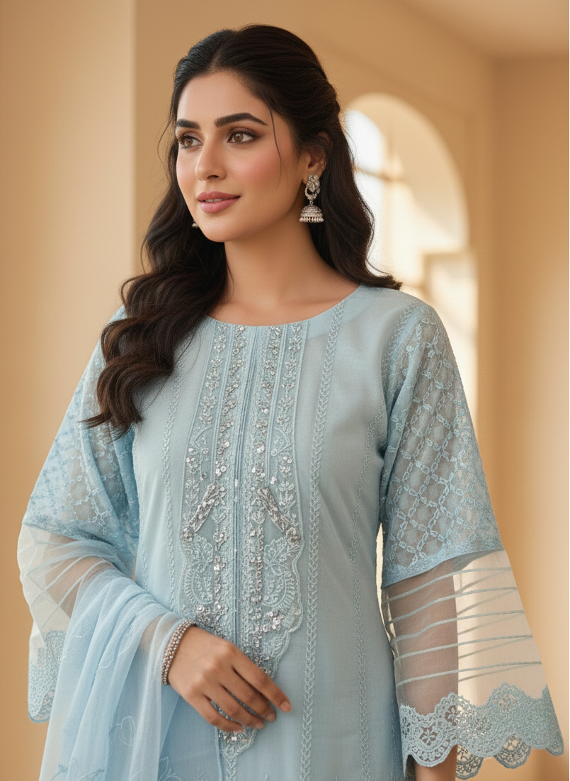 ORGANZA BORING WORK EMB KURTA SET MMG-950