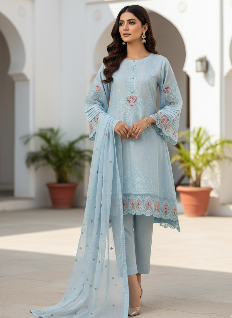 PURE COTTON SEQUINCE EMB FROCK SET MMG-1216
