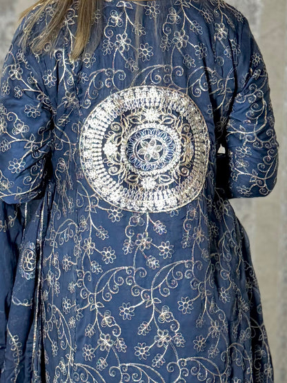 NOOR E CHASHAM 3-Piece Chiffon embroidered back tail frock ,back bunch,Hand Work , Jamawar Trouser with embroidered dupatta MMG - 825
