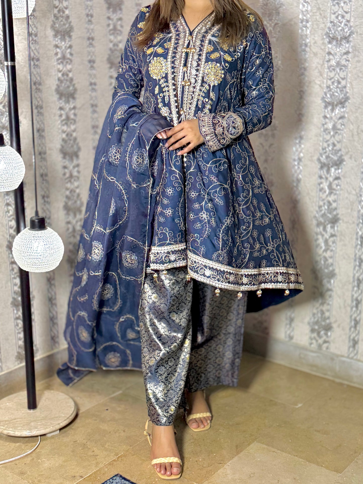 NOOR E CHASHAM 3-Piece Chiffon embroidered back tail frock ,back bunch,Hand Work , Jamawar Trouser with embroidered dupatta MMG - 825