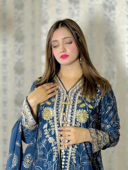 NOOR E CHASHAM 3-Piece Chiffon embroidered back tail frock ,back bunch,Hand Work , Jamawar Trouser with embroidered dupatta MMG - 825