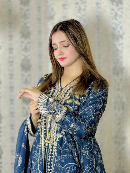 NOOR E CHASHAM 3-Piece Chiffon embroidered back tail frock ,back bunch,Hand Work , Jamawar Trouser with embroidered dupatta MMG - 825