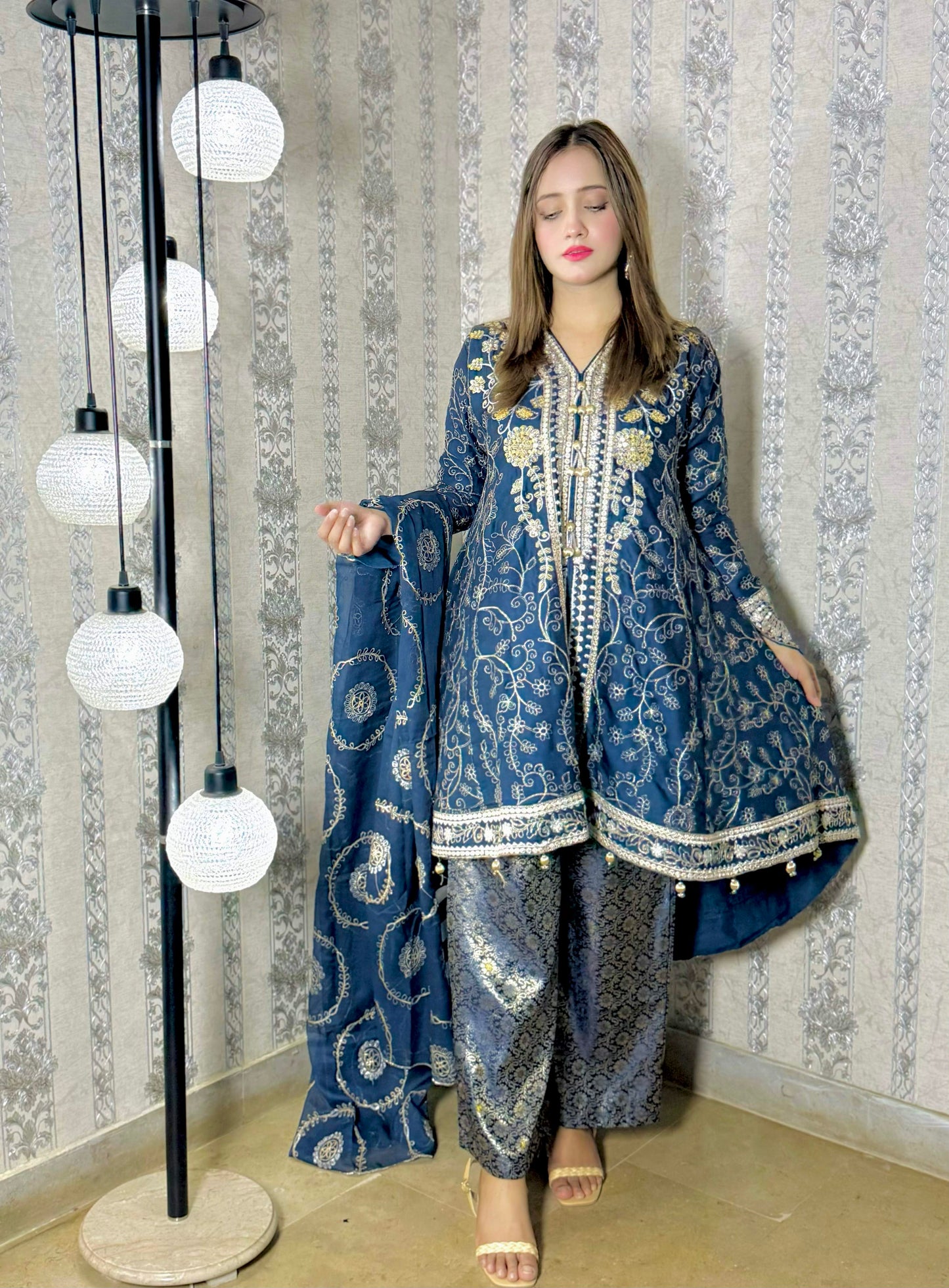 NOOR E CHASHAM 3-Piece Chiffon embroidered back tail frock ,back bunch,Hand Work , Jamawar Trouser with embroidered dupatta MMG - 825