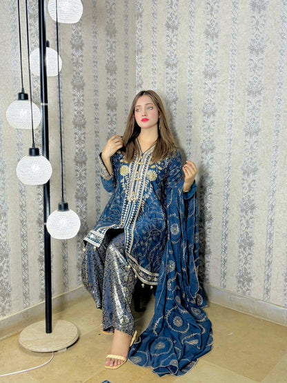 NOOR E CHASHAM 3-Piece Chiffon embroidered back tail frock ,back bunch,Hand Work , Jamawar Trouser with embroidered dupatta MMG - 825