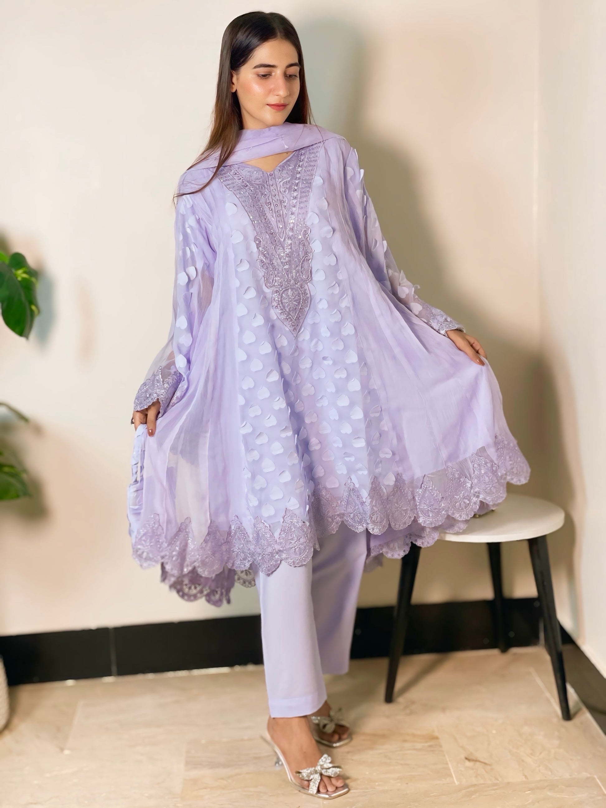 NILOOFAR|3 PIECE CHIFFON EMBROIDERED FROCK WITH UMBRELLA SLEVES|PLAIN MALAI TROUSER|EMBROIDERED DUPATTA WITH HANDMADE POUCH MMG-816
