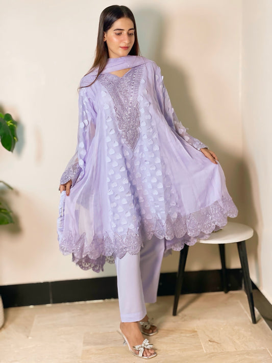 NILOOFAR|3 PIECE CHIFFON EMBROIDERED FROCK WITH UMBRELLA SLEVES|PLAIN MALAI TROUSER|EMBROIDERED DUPATTA WITH HANDMADE POUCH MMG-816