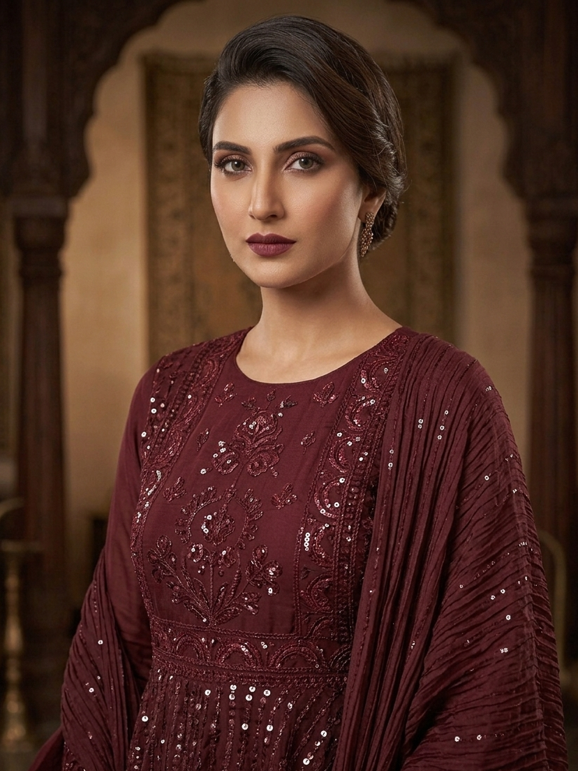 AZURA ROYALE|FLARED SEQUINE HEAVY EMBROIDERED FROCK MMG-1066