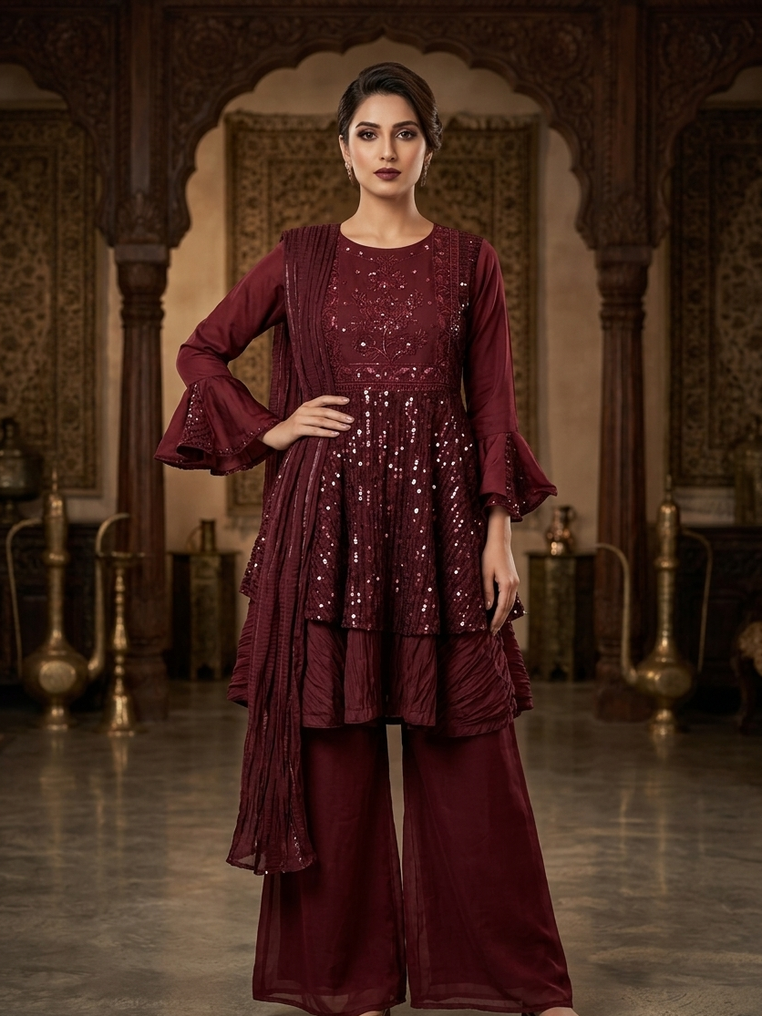 AZURA ROYALE|FLARED SEQUINE HEAVY EMBROIDERED FROCK MMG-1066
