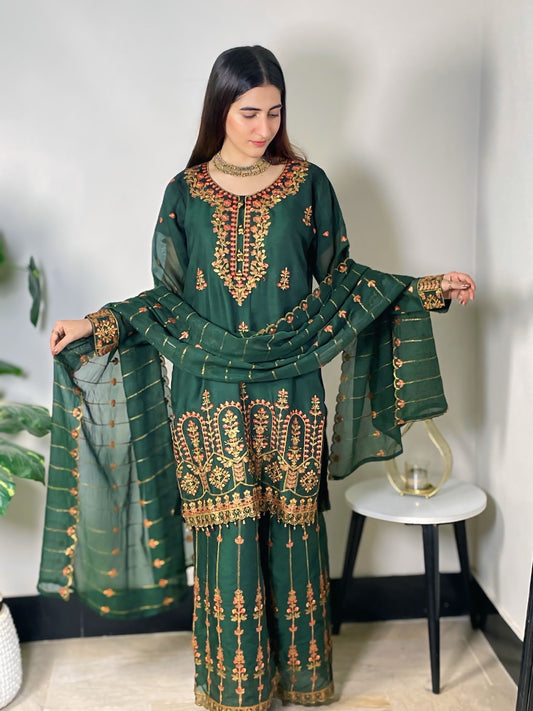 SABZ E BAHAR|3-PIECE CHIFFON EMBROIDERED SHIRT|CLASSICAL EMBROIDERED FLAPPER|ELEGANT EMBROIDERED DUPATTA MMG-757