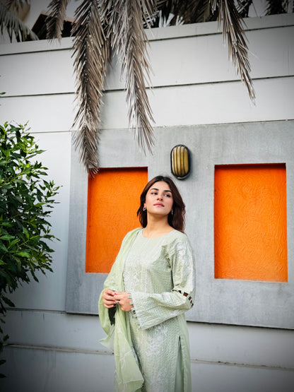 ANDAAZ E NOOR | 3-PIECE 100% COTTON EMBROIDERED SHIRT|COMFORTABLE COTTON TROUSER|CHIFFON EMBROIDERED DUPATTA MMG-933