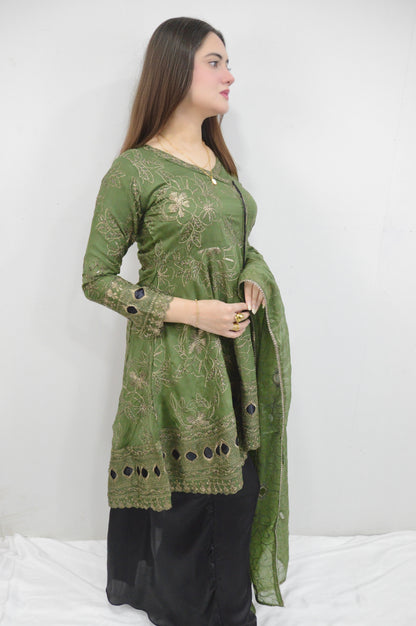 MEHRUNNISA|3-PIECE CHIFFON BACKTAIL EMBROIDERED FROCKWITH SEQUENCE WORK|SILK SHELLER BOTTOM|CHIFFON EMBROIDERED DUPATTA MMG-1006
