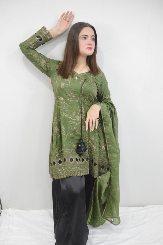 MEHRUNNISA|3-PIECE CHIFFON BACKTAIL EMBROIDERED FROCKWITH SEQUENCE WORK|SILK SHELLER BOTTOM|CHIFFON EMBROIDERED DUPATTA MMG-1006