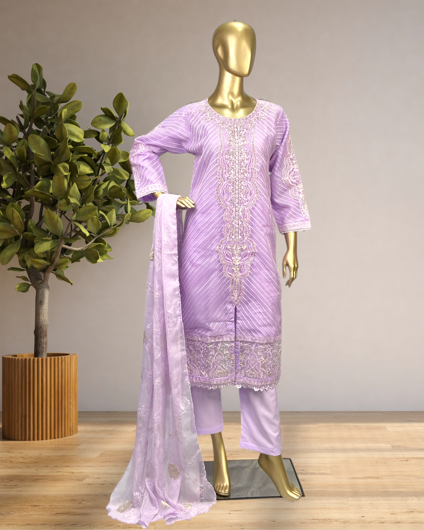 Elegant embriodred Organza Shirt with Chiffon Dupatta & Soft Malai Trousers MMG-806