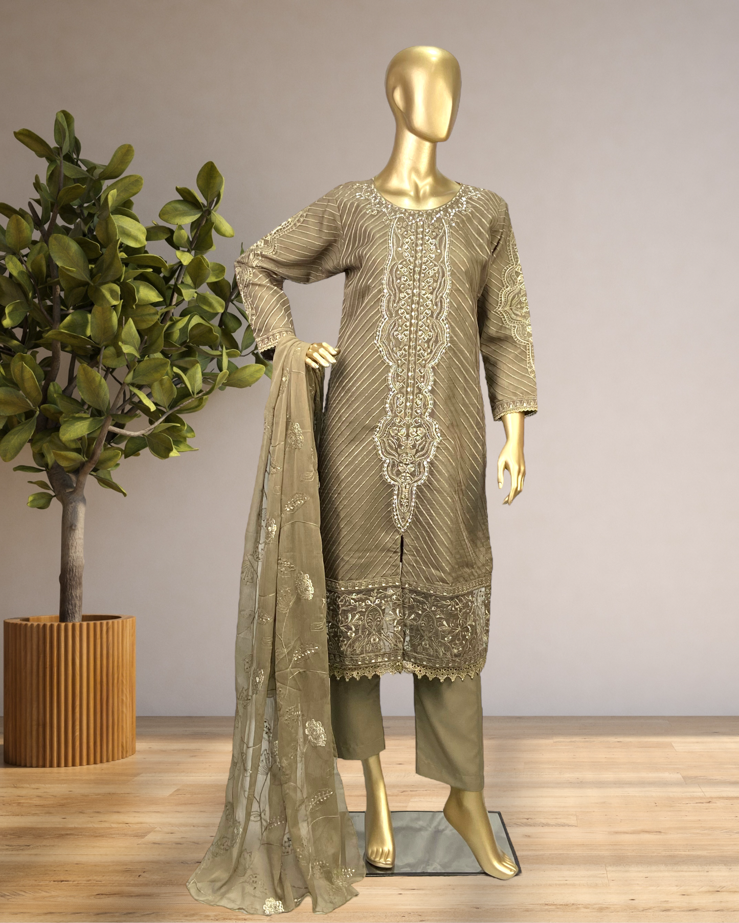 Elegant embriodred Organza Shirt with Chiffon Dupatta & Soft Malai Trousers MMG-806