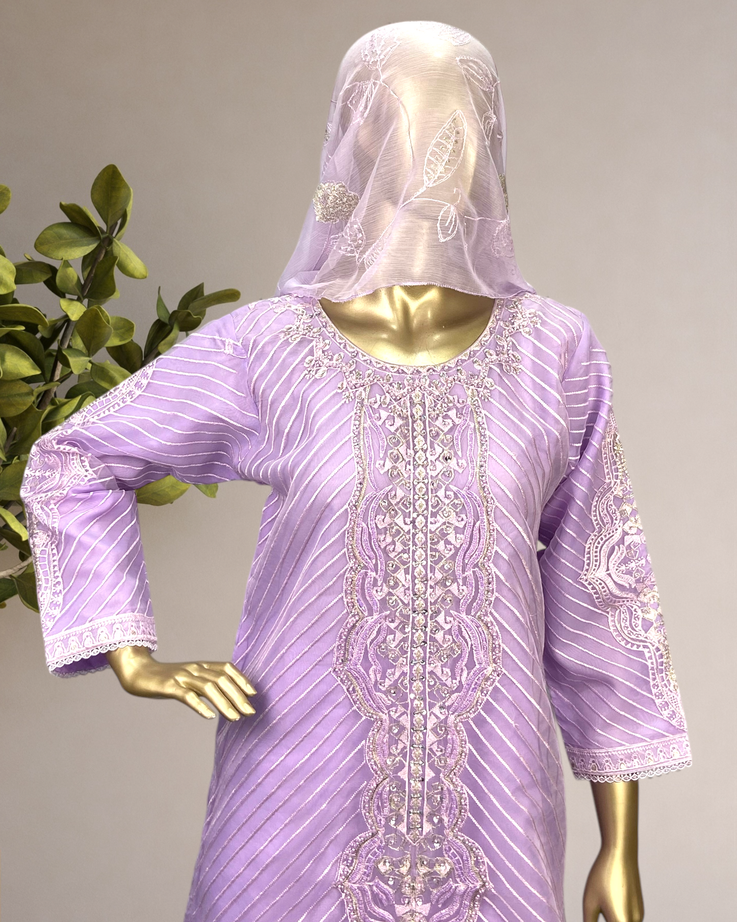 Elegant embriodred Organza Shirt with Chiffon Dupatta & Soft Malai Trousers MMG-806