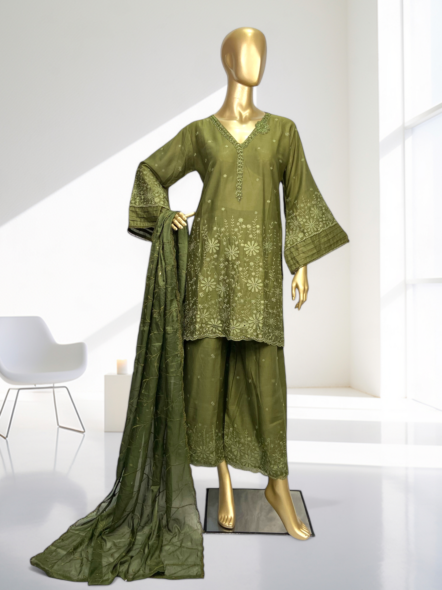 3-Piece Olive Green Cotton Suit with Silk Dupatta MMG-32