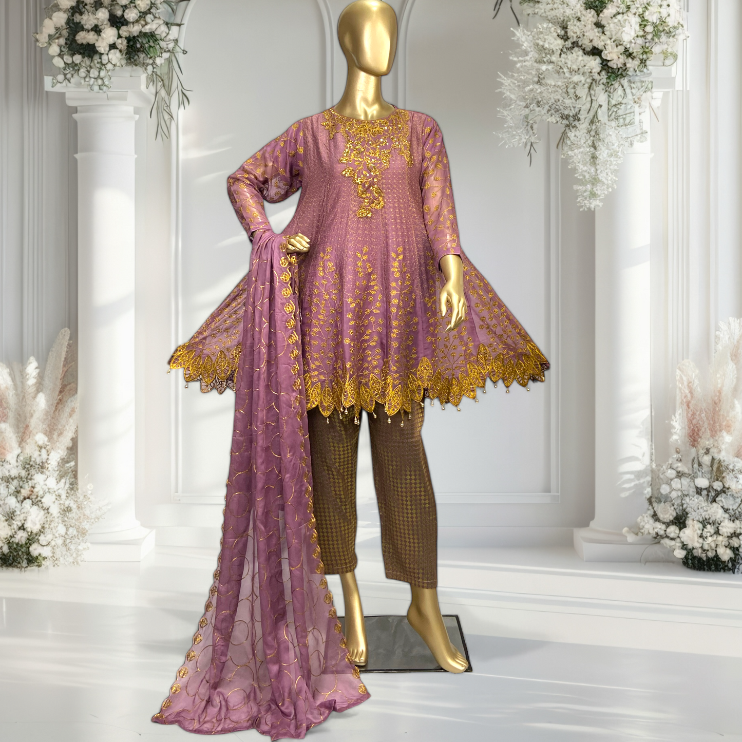 Exquisite 3 piece Chiffon Shirt with Banarsi Trousers & Chiffon Dupatta MMG-756