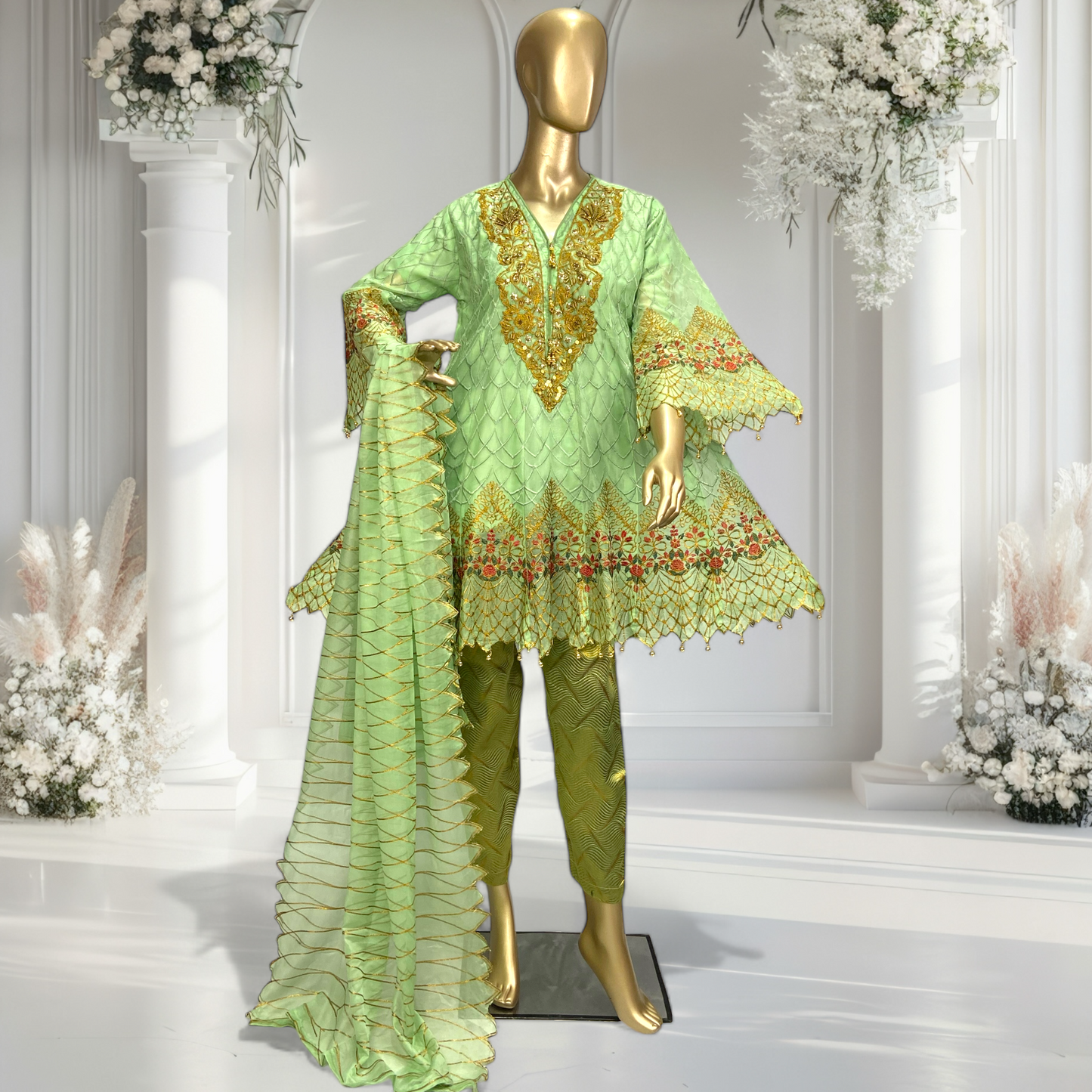 Graceful 3-Piece Chiffon Suit with Banarsi Trousers & Dupatta MMG-770