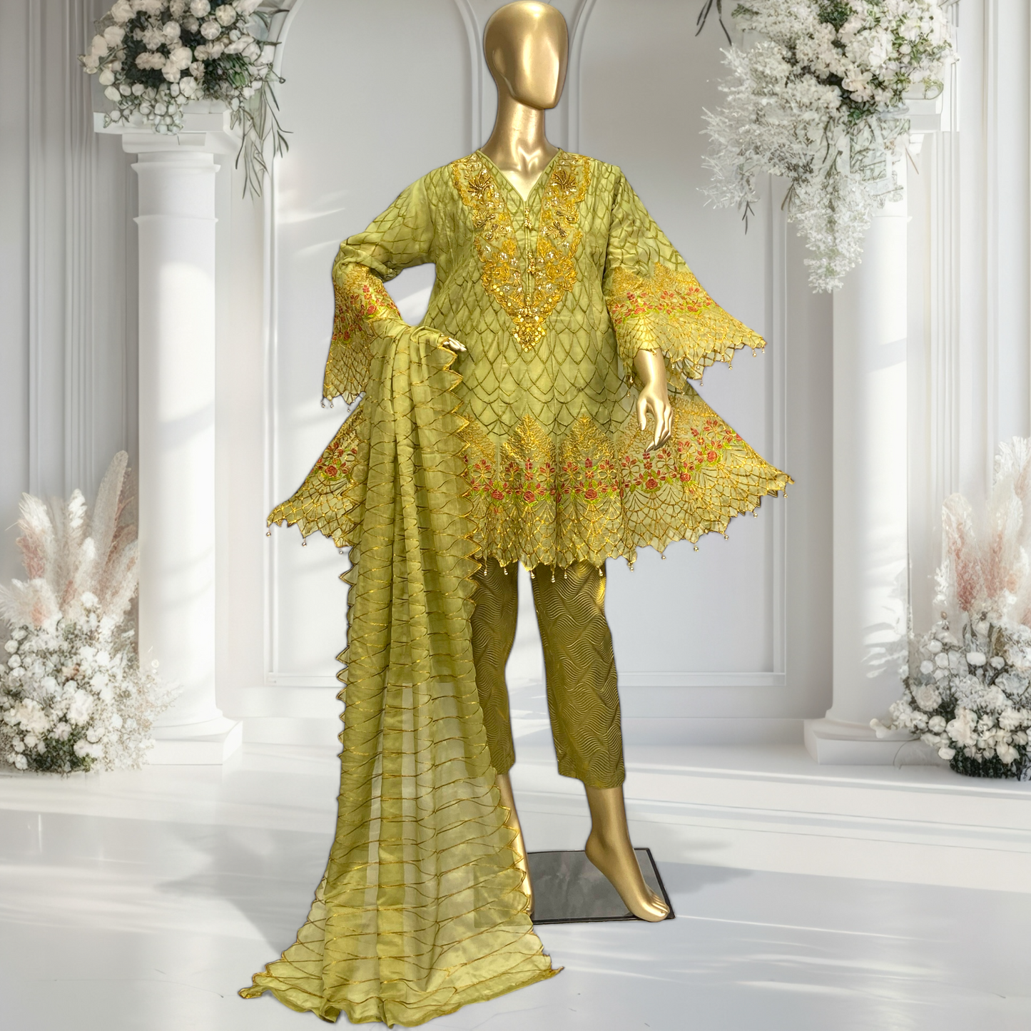 Graceful 3-Piece Chiffon Suit with Banarsi Trousers & Dupatta MMG-770