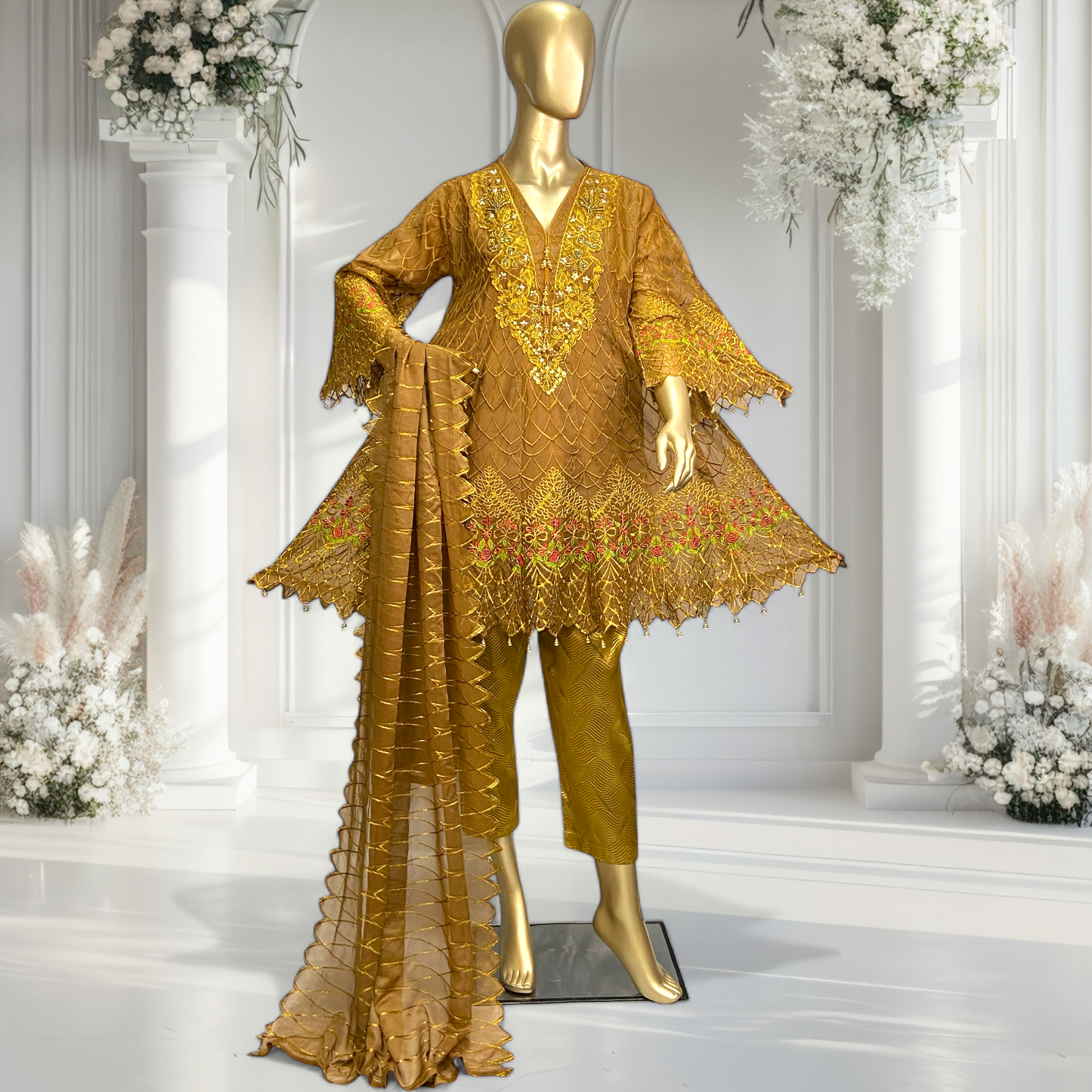 Graceful 3-Piece Chiffon Suit with Banarsi Trousers & Dupatta MMG-770