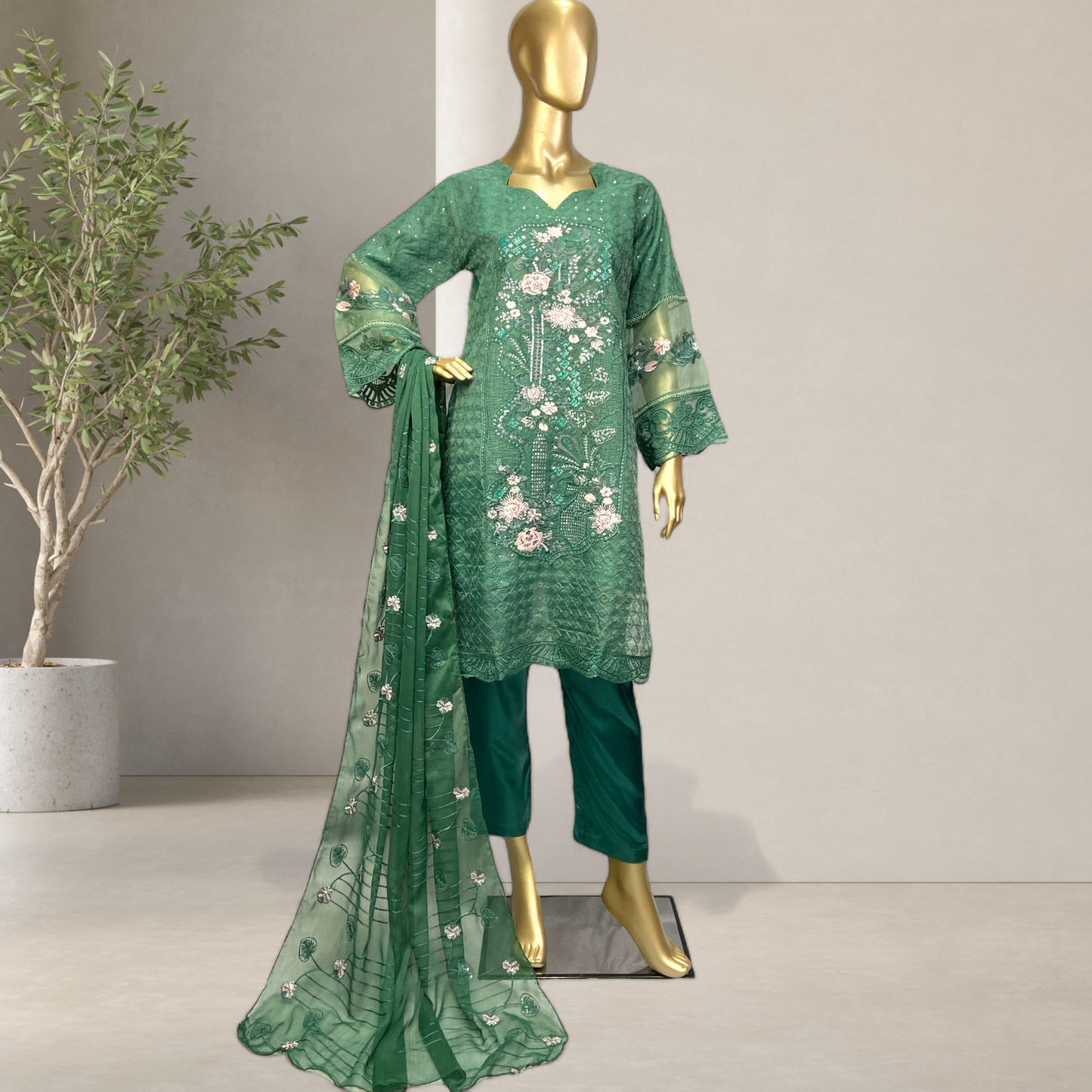 3-Piece Khaddi Net Suit with Crinkle Chiffon Dupatta MMG-775