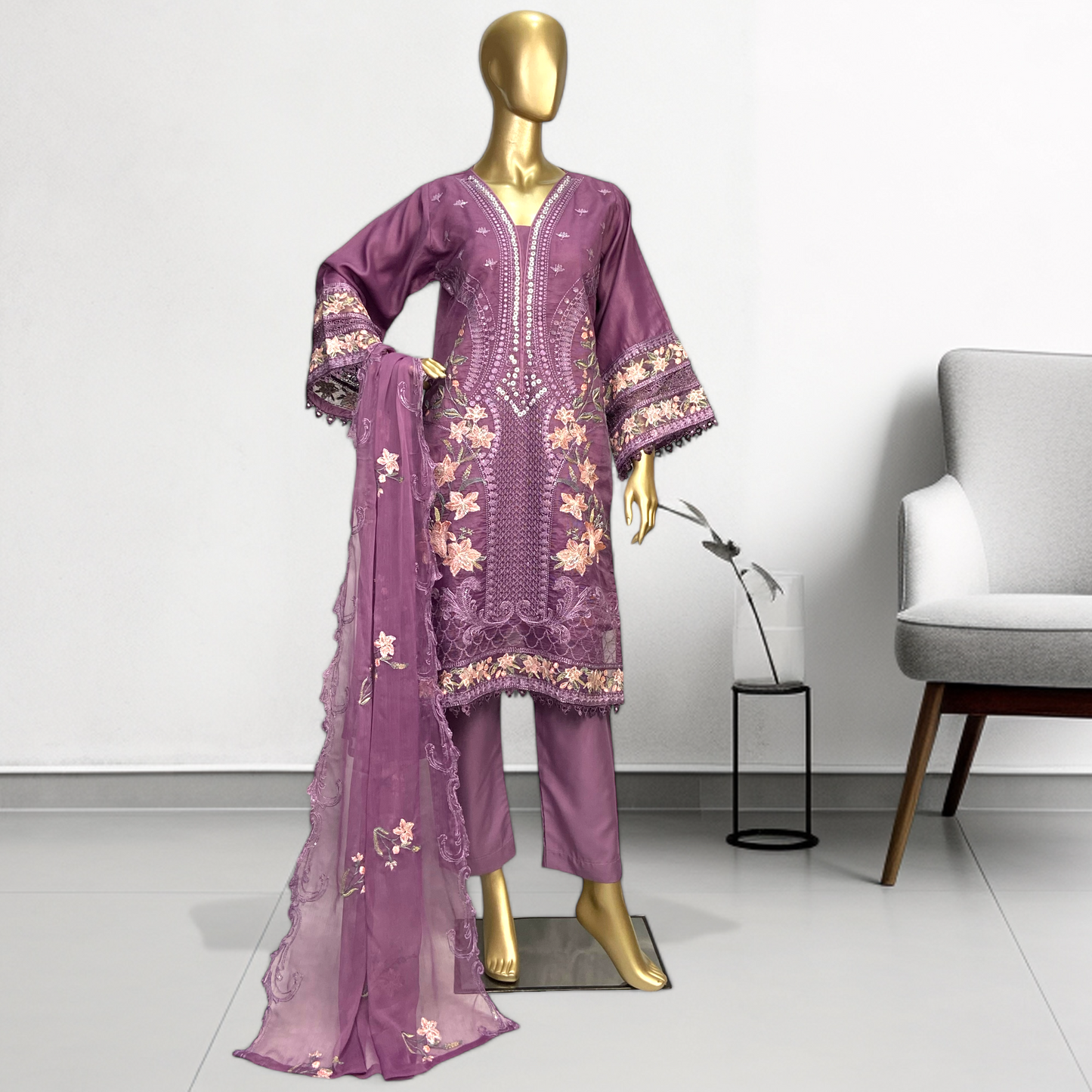 Exquisite Khaddi Net 3-Piece Suit – Timeless Elegance in Every Stitch MMG-782