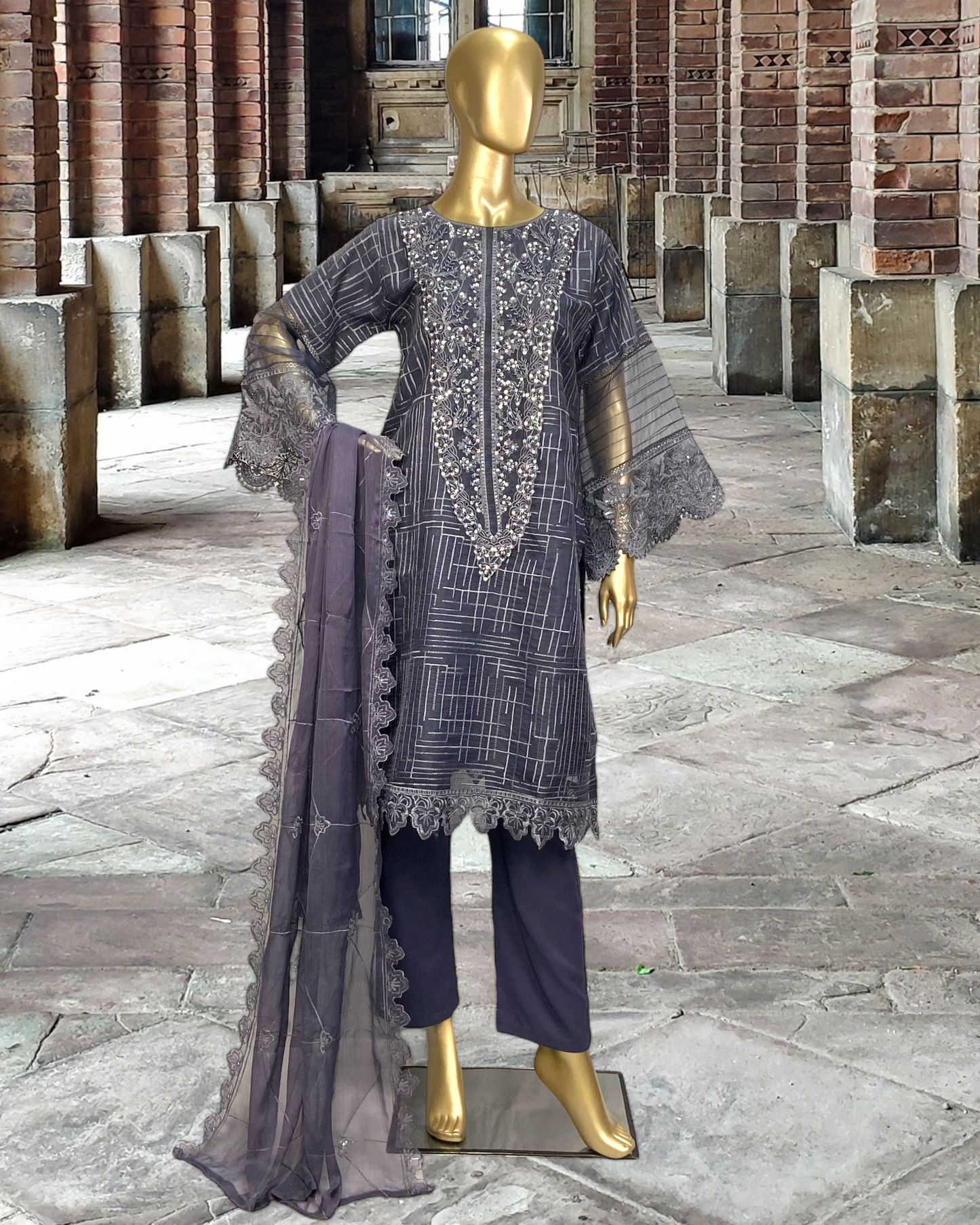 Stunning Tissue Shirt 3-Piece Suit with Crinkle Chiffon Dupatta MMG-804