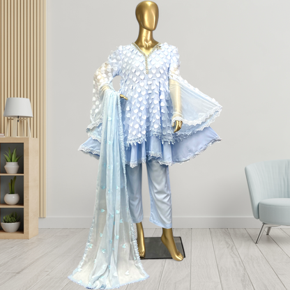 3-Piece 3D Chiffon Frock with  Chiffon Dupatta MMG-809