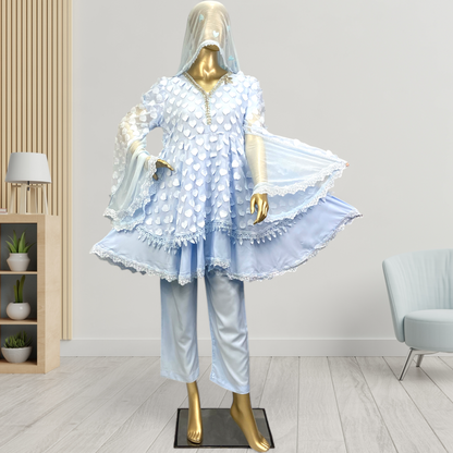 3-Piece 3D Chiffon Frock with  Chiffon Dupatta MMG-809