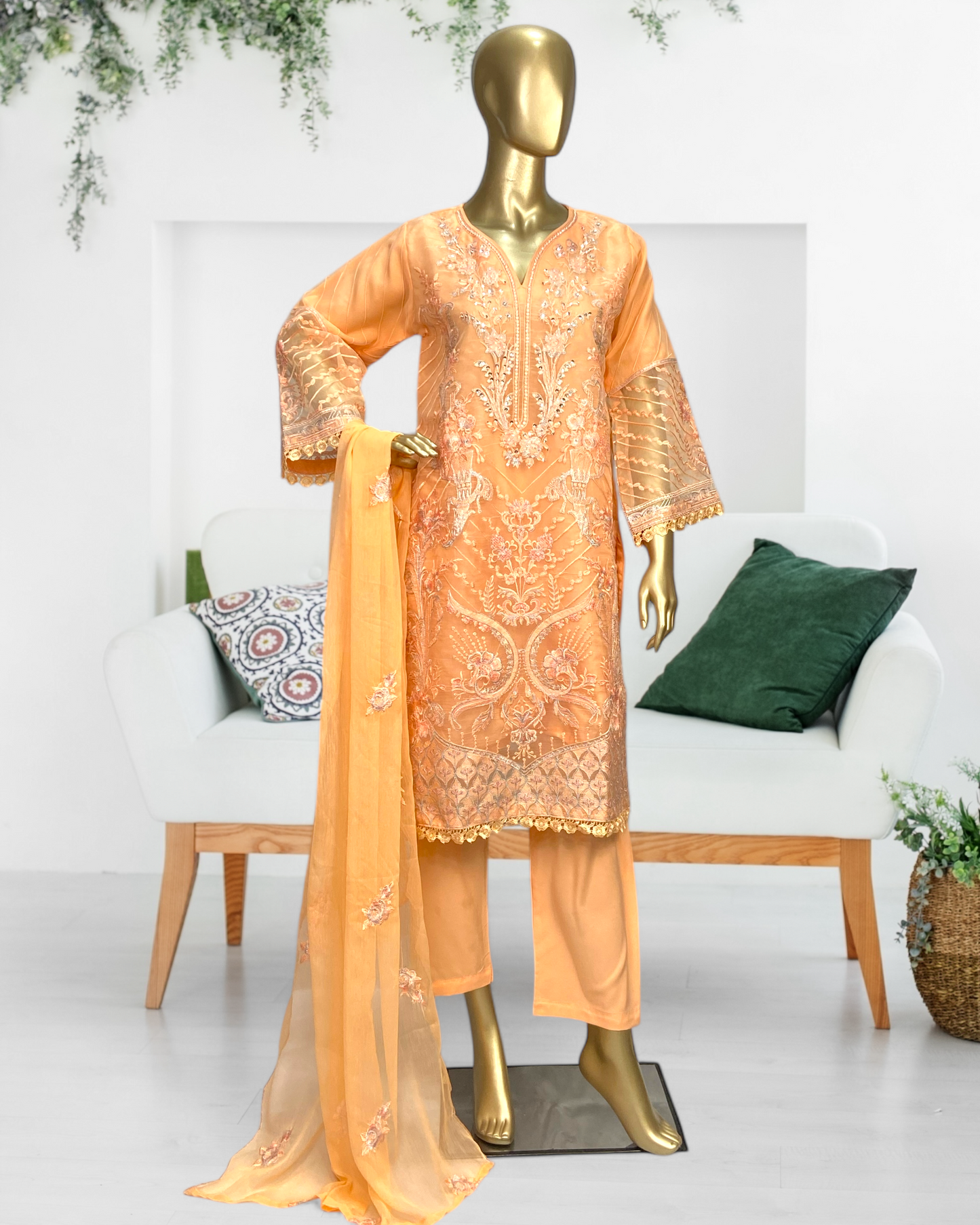 Elegant 3-Piece Organza Suit with Embroidered Crinkle Dupatta  MMG-819