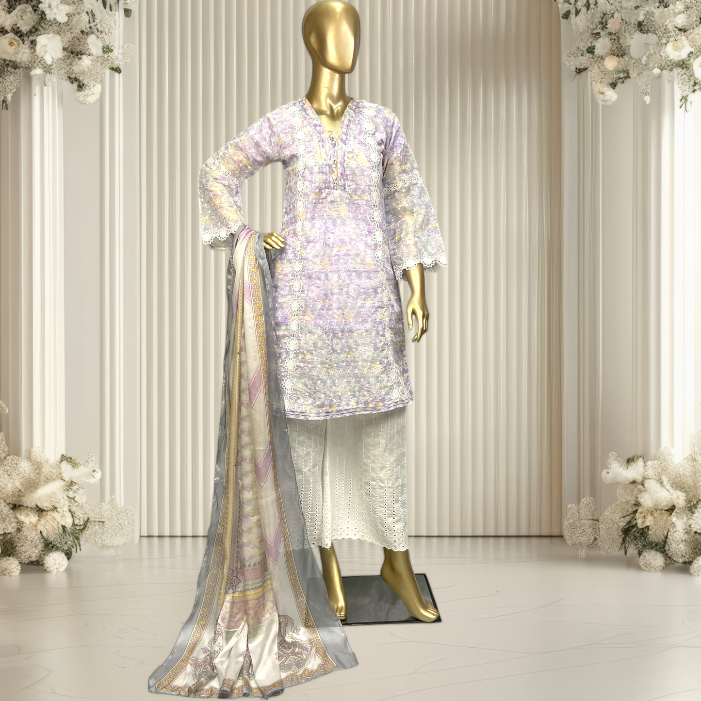 Elegant 3-Piece Paper Cotton Chikankari Suit with Printed Silk Dupatta