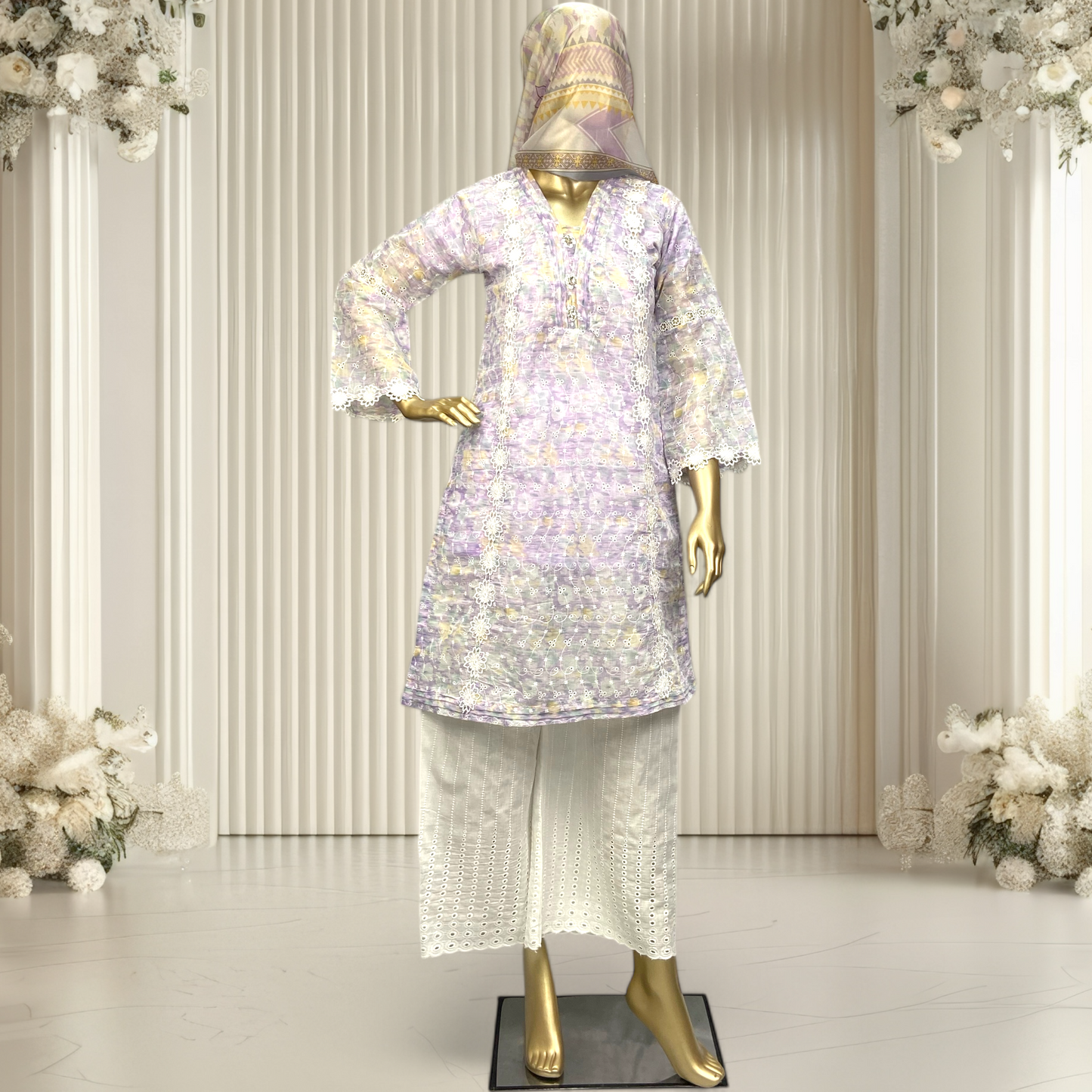 Elegant 3-Piece Paper Cotton Chikankari Suit with Printed Silk Dupatta