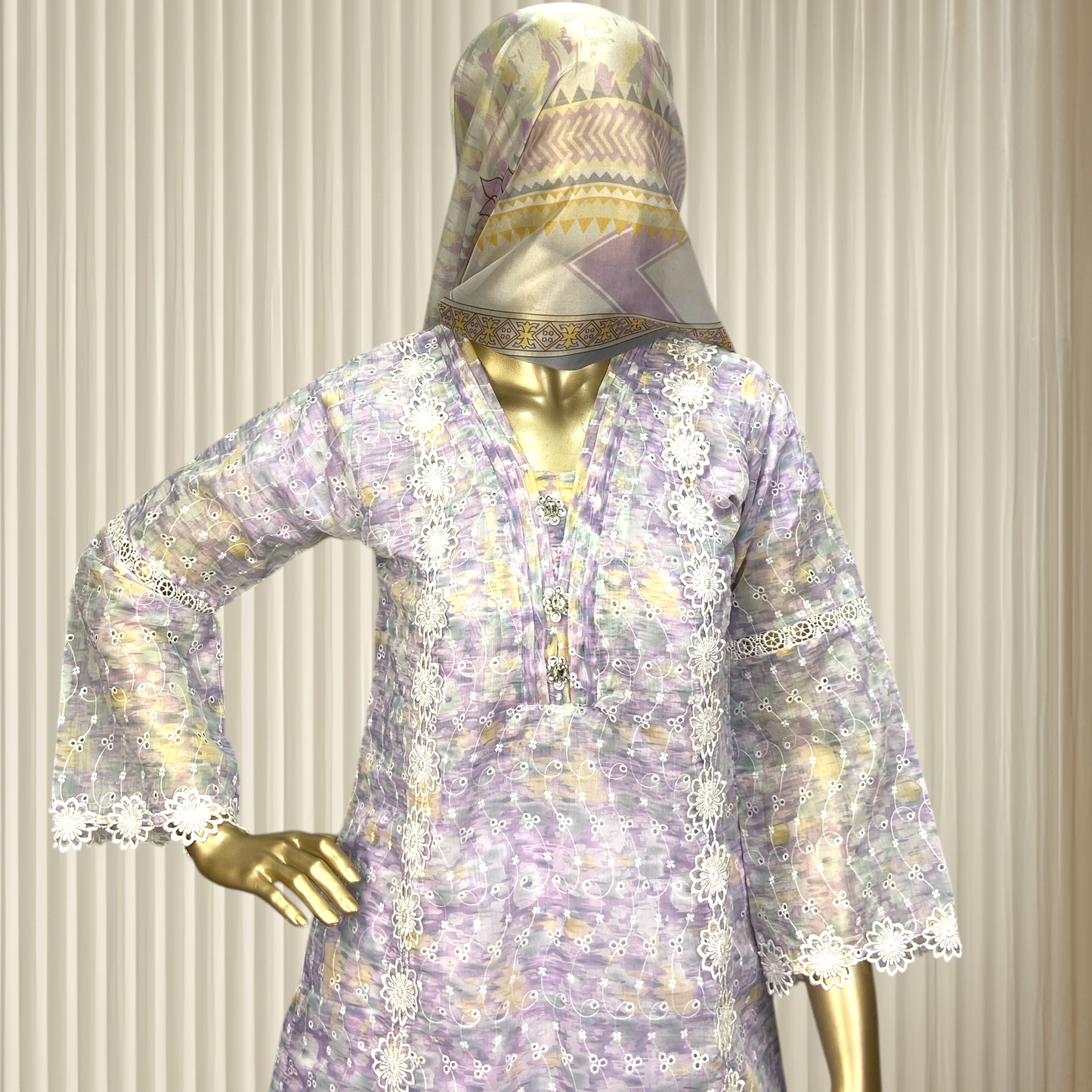 Elegant 3-Piece Paper Cotton Chikankari Suit with Printed Silk Dupatta