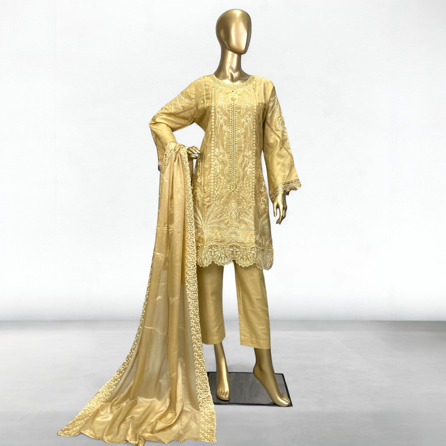 3-Piece Cotton Embroidered Suit Hand-Made Gala & Silk Embroidered Dupatta MMG-15