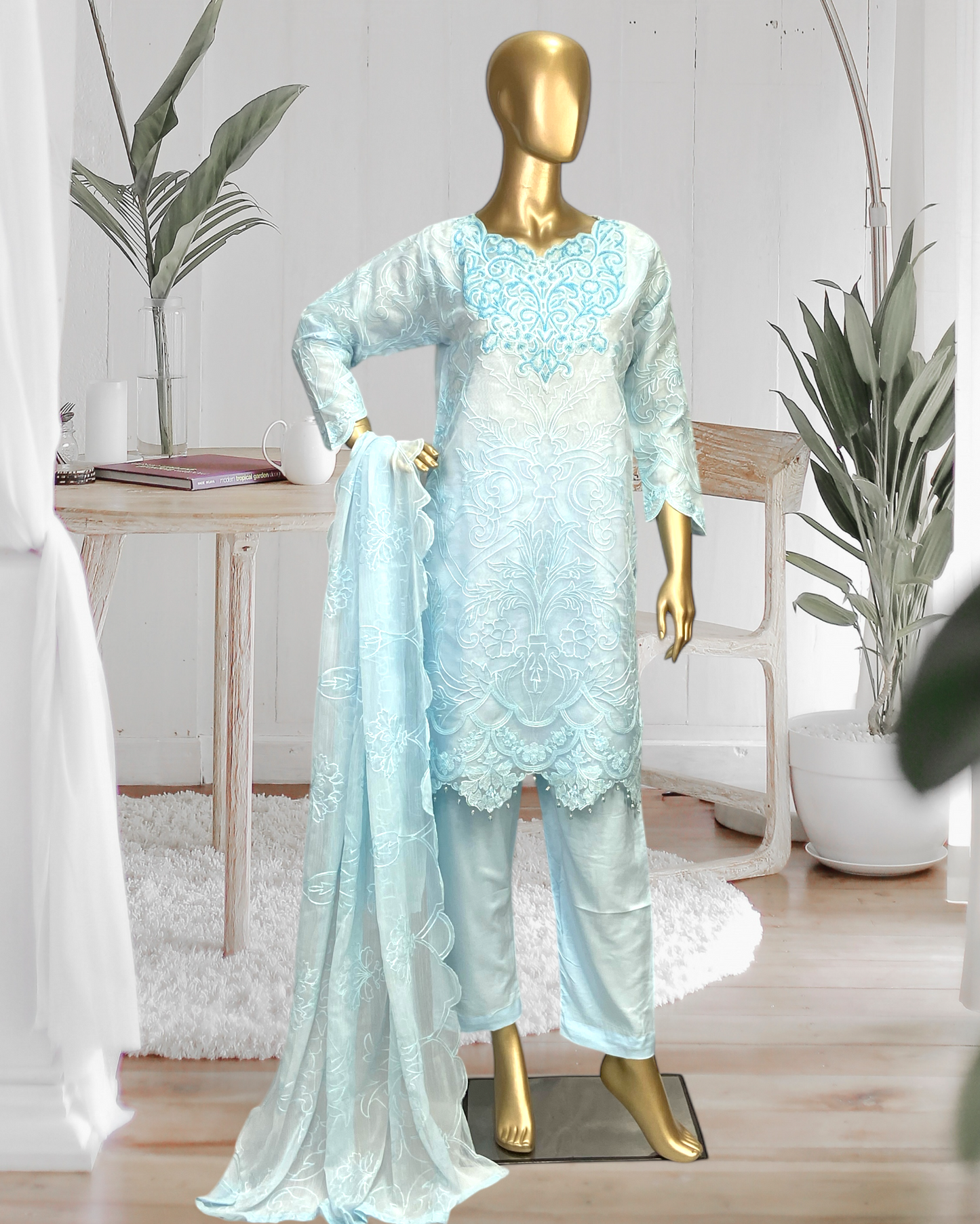 Elegant 3-Piece Organza Suit with Chiffon Dupatta & Soft Malai Trouser MMG-829