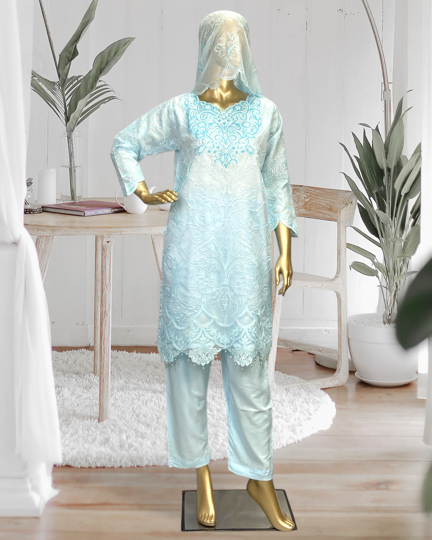 Elegant 3-Piece Organza Suit with Chiffon Dupatta & Soft Malai Trouser MMG-829