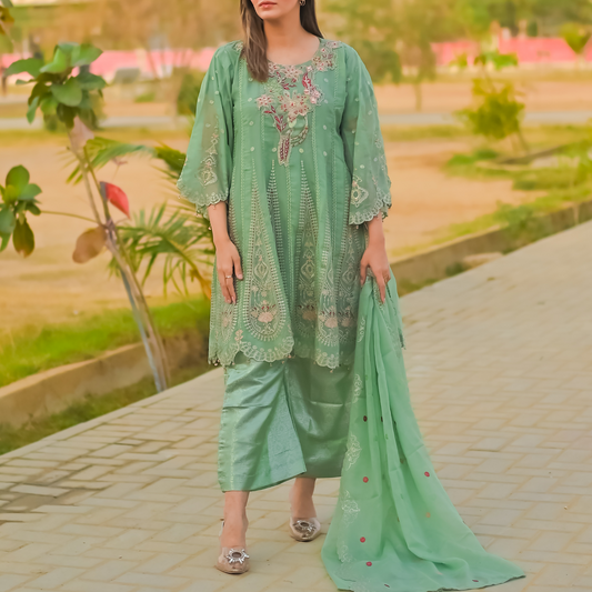 3-PIECE Elegant Flare Embroidered Chiffon Frock with Banarsi Trousers & Chiffon Dupatta MMG-824