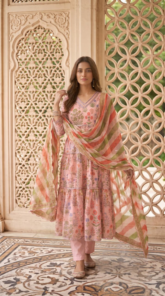 Rang-e-Shahi Apple Silk Printed Long Frock 3-Piece Suit