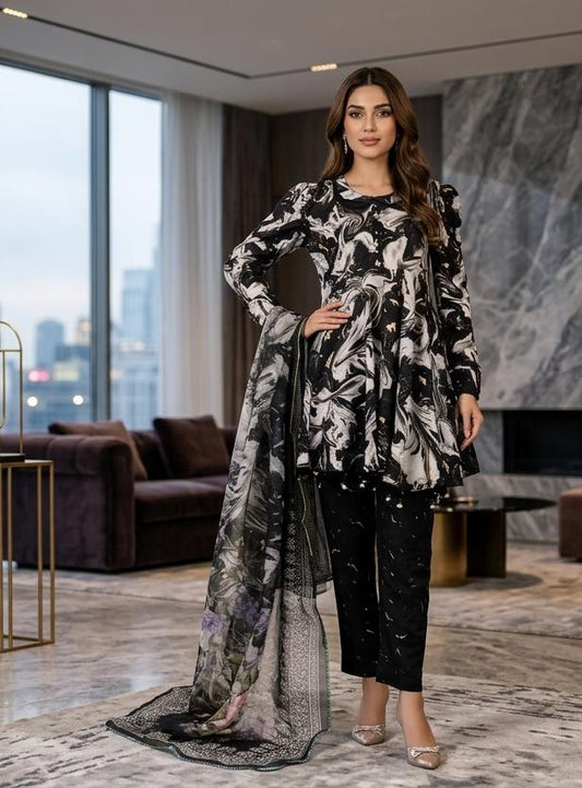 MARBLE PRINTED SILK FROCK SET