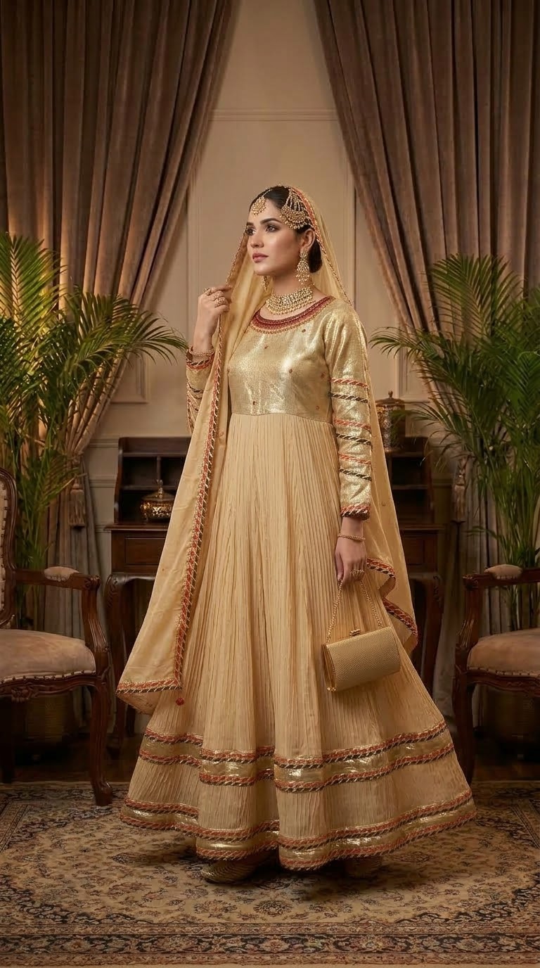 Elegant gold Masuri outfit for weddings and festive occasions