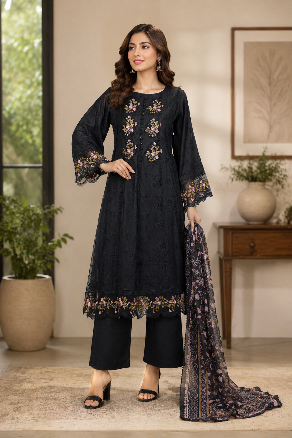 Elegant chiffon silk Chikankari long frock with embroidered neck, stylish sleeves, embroidered daman, plain crepe trouser, and printed chiffon silk dupatta.