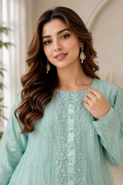 Close-up of a person's hands holding a mint green sleeve with intricate black and multicolor beaded embroidery along the cuff, against a soft beige background.