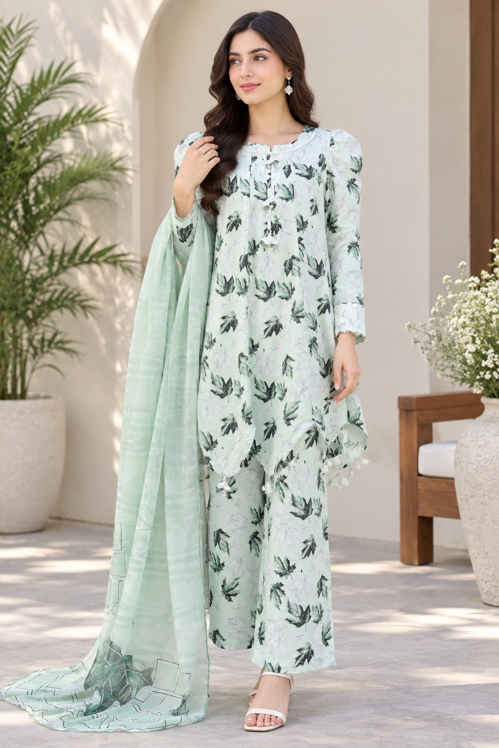 Mehreen Elegance digital printed Boski frock with matching trouser and silk dupatta