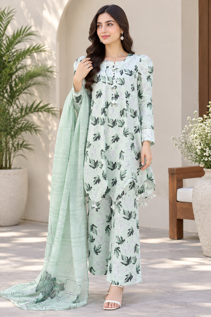 Mehreen Elegance digital printed Boski frock with matching trouser and silk dupatta