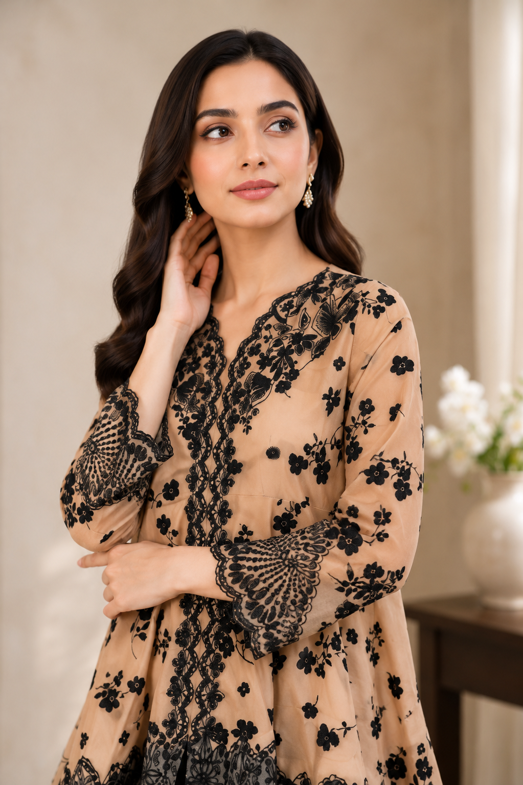 SOFT CREPE VELVET PRINT EMB FROCK MMG-1309