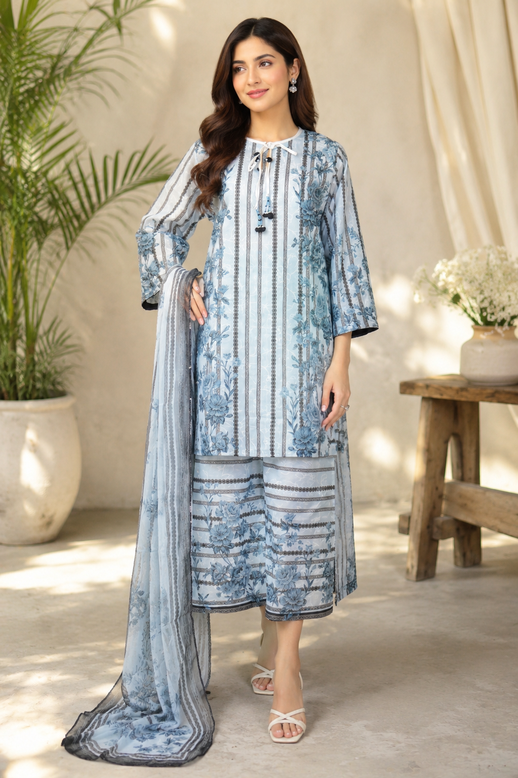 Chic Chikankari Lawn Suit with digital printed lawn shirt, matching trouser, and printed chiffon dupatta.