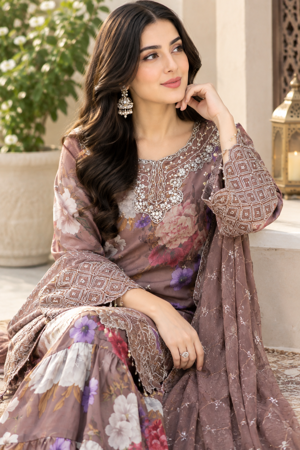 Digital printed chiffon gharara with Naqashi kurta set