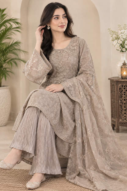 MISHAL ORGANZA CHIKANKARI FROCK