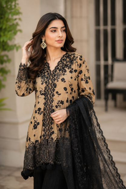 SOFT CREPE VELVET PRINT EMB FROCK MMG-1309