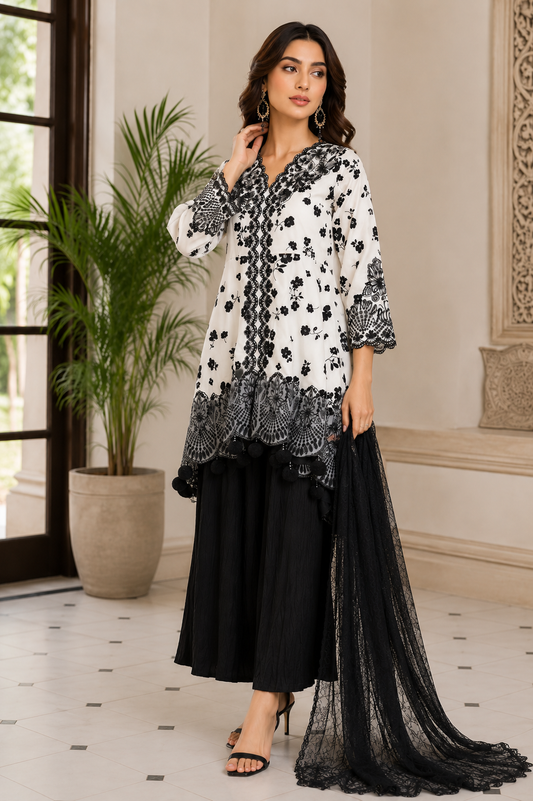 SOFT CREPE VELVET PRINT EMB FROCK MMG-1309